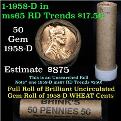 ***Auction Highlight*** Uncirculated 1c orig shotgun roll, 1958-d  In Old Brinks wrapper  (fc)