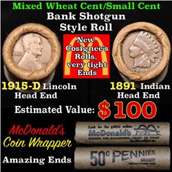 Mixed small cents 1c orig shotgun roll, 1915-d Wheat Cent, 1891 Indian Cent other end, McDonalds Wra