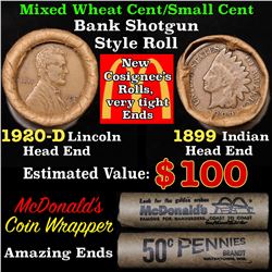 Mixed small cents 1c orig shotgun roll, 1920-d Wheat Cent, 1899 Indian Cent other end,McDnalds Wrapp