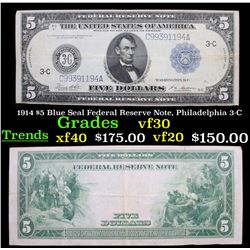 1914 $5 Blue Seal Federal Reserve Note, Philadelphia 3-C Grades