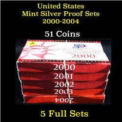Group of 5 United States Mint Silver Proof Set 2000-2004 51 coins