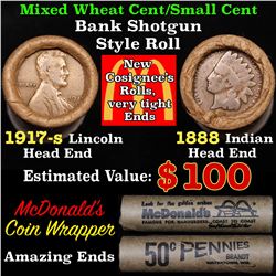 Mixed small cents 1c orig shotgun roll, 1917-s Wheat Cent, 1888 Indian Cent other end, McDonalds Wra