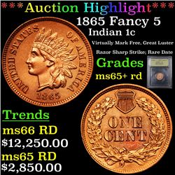 ***Auction Highlight*** 1865 Fancy 5 Indian Cent 1c Graded Gem+ Unc RD By USCG (fc)