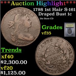 ***Auction Highlight*** 1798 1st Hair S-161 Draped Bust Large Cent 1c Graded vf++ By USCG (fc)