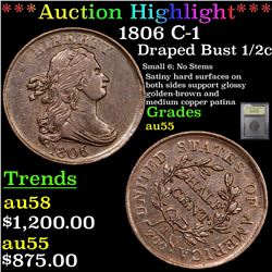 ***Auction Highlight*** 1806 C-1 Draped Bust Half Cent 1/2c Graded Choice AU By USCG (fc)