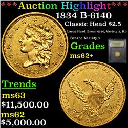 ***Auction Highlight*** 1834 B-6140 Gold Classic Head Quarter Eagle $2 1/2 Graded Select Unc By USCG