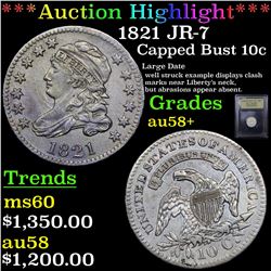 ***Auction Highlight*** 1821 JR-7 Capped Bust Dime 10c Graded Choice AU/BU Slider+ By USCG (fc)