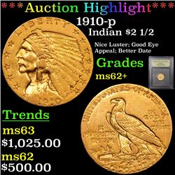 ***Auction Highlight*** 1910-p Gold Indian Quarter Eagle $2 1/2 Graded Select Unc By USCG (fc)