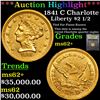 Image 1 : ***Auction Highlight*** 1841 C Charlotte Gold Liberty Quarter Eagle $2 1/2 Graded Select Unc By USCG