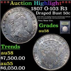 ***Auction Highlight*** 1807 O-103 R3 Draped Bust Half Dollar 50c Graded Choice AU/BU Slider By USCG