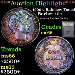 ***Auction Highlight*** 1900-o Rainbow Toned  Barber Dime 10c Graded GEM+ Unc By USCG (fc)