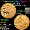 Image 1 : ***Auction Highlight*** 1914-d Gold Indian Quarter Eagle $2 1/2 Graded BU+ By USCG (fc)