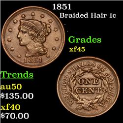 1851 Braided Hair Large Cent 1c Grades xf+