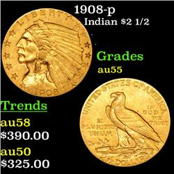 1908-p Gold Indian Quarter Eagle $2 1/2 Grades Choice AU