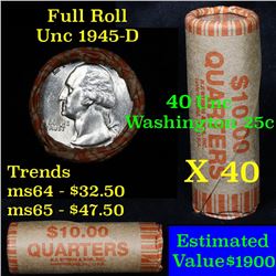 **Auction Highlight** Uncirculated 25c orig shotgun roll, 1945-d  In N.F. String & Son Wrapper (fc)