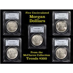 5 Unc Morgan $1 Graded By PCGS Mixed Dates From The McClaren Collection