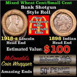 Mixed small cents 1c orig shotgun roll, 1918-s Wheat Cent, 1898 Indian Cent other end, McDonalds Wra
