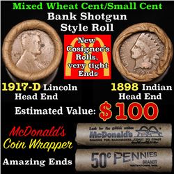 Mixed small cents 1c orig shotgun roll, 1917-d Wheat Cent, 1898 Indian Cent other end, McDonalds Wra