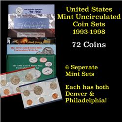 Group of 6 United States Mint Sets 1993-1998, in original government packaging 61 Coins