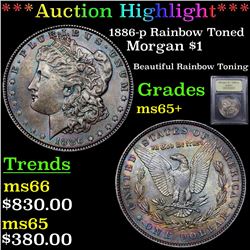 ***Auction Highlight*** 1886-p Rainbow Toned Morgan Dollar $1 Graded GEM+ Unc By USCG (fc)