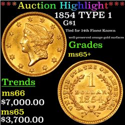 ***Auction Highlight*** 1854 TYPE 1 Gold Dollar $1 Graded GEM+ Unc By USCG (fc)