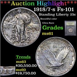 ***Auction Highlight*** 1918/7-s Fs-101 Standing Liberty Quarter 25c Graded BU+ By USCG (fc)