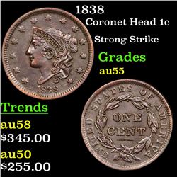 1838 Coronet Head Large Cent 1c Grades Choice AU