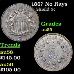 1867 No Rays Shield Nickel 5c Grades Choice AU