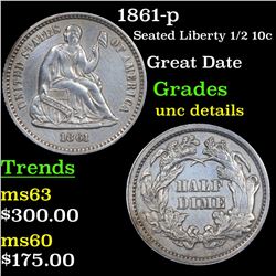 1861-p Seated Liberty Half Dime 1/2 10c Grades Unc Details