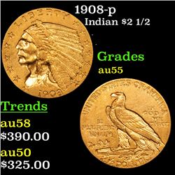 1908-p Gold Indian Quarter Eagle $2 1/2 Grades Choice AU