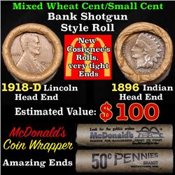 Mixed small cents 1c orig shotgun roll, 1918-d Wheat Cent, 1896 Indian Cent other end, McDonalds Wra