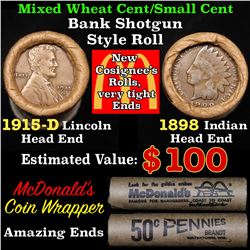 Mixed small cents 1c orig shotgun roll, 1915-d Wheat Cent, 1898 Indian Cent other end,McDnalds Wrapp