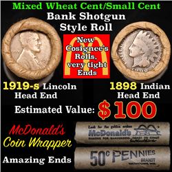 Mixed small cents 1c orig shotgun roll, 1919-s Wheat Cent, 1898 Indian Cent other end,McDnalds Wrapp