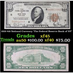 1929 $10 National Currency 'The Federal Reserve Bank of NY' Grades xf+