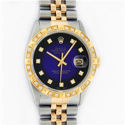 Rolex Mens 2 Tone 14K Blue Vignette String Pyramid Diamond Datejust Wristwatch