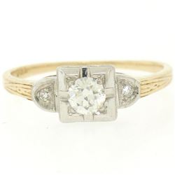 Antique Art Deco 14K Two Tone Gold 0.25 ctw Old Cut European Diamond 3 Stone Rin