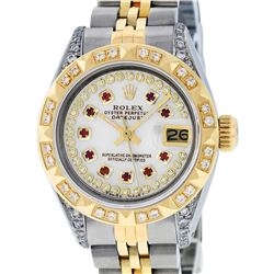 Rolex Ladies 2 Tone 14K MOP Ruby & Pyramid Diamond Datejust Wriswatch