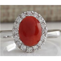 1.60 CTW Natural Red Coral And Diamond Ring 18K Solid White Gold