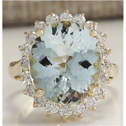 7.61 CTW Natural Aquamarine And Diamond Ring In 18K Solid Yellow Gold