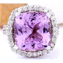 14.37 CTW Natural Kunzite 18K Solid White Gold Diamond Ring