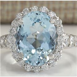 4.44 CTW Natural Aquamarine And Diamond Ring In 14K Solid White Gold