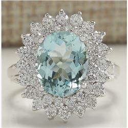 7.03 CTW Natural Aquamarine And Diamond Ring In 14K Solid White Gold