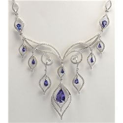 13.80 CTW Natural Tanzanite And Diamond Necklace In 14K White Gold