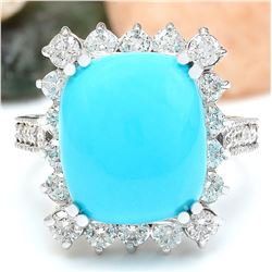 9.36 CTW Natural Turquoise 18K Solid White Gold Diamond Ring