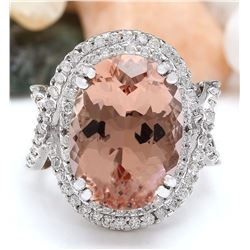 14.10 CTW Natural Morganite 18K Solid White Gold Diamond Ring