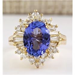 4.62 CTW Natural Tanzanite And Diamond Ring In 18K Yellow Gold