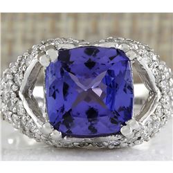 6.32 CTW Natural Tanzanite And Diamond Ring In 18K Solid White Gold