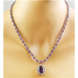 37.52 CTW Amethyst 18K White Gold Diamond Necklace