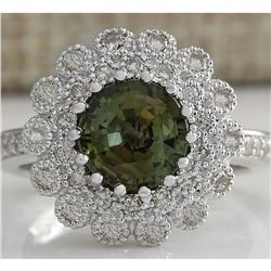 3.66 CTW Natural Green Sapphire Diamond Ring 18K Solid White Gold