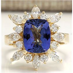 4.36 CTW Natural Blue Tanzanite And Diamond Ring In 14K Solid Yellow Gold